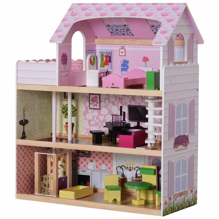 HOMCOM Maison De Poupée En Bois Jeu D'imitation Grand Réalisme Multi-équipements 60L X 30l X 72H Cm Blanc Rose – Image 2