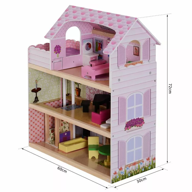 HOMCOM Maison De Poupée En Bois Jeu D'imitation Grand Réalisme Multi-équipements 60L X 30l X 72H Cm Blanc Rose – Image 3