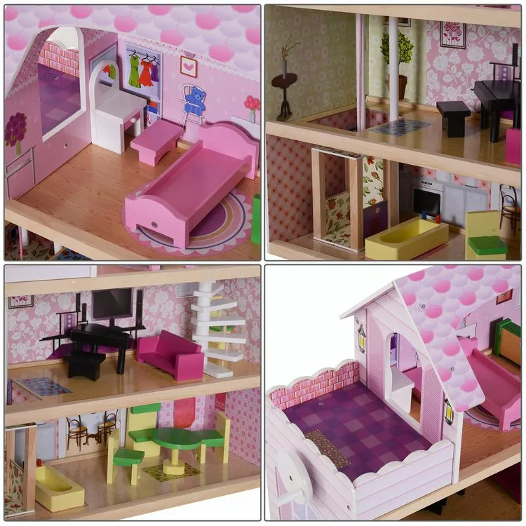 HOMCOM Maison De Poupée En Bois Jeu D'imitation Grand Réalisme Multi-équipements 60L X 30l X 72H Cm Blanc Rose – Image 6
