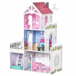 HOMCOM Maison De Poupée 3 étages Jeu D'imitation Grand Réalisme Multi-équipements MDF Rose