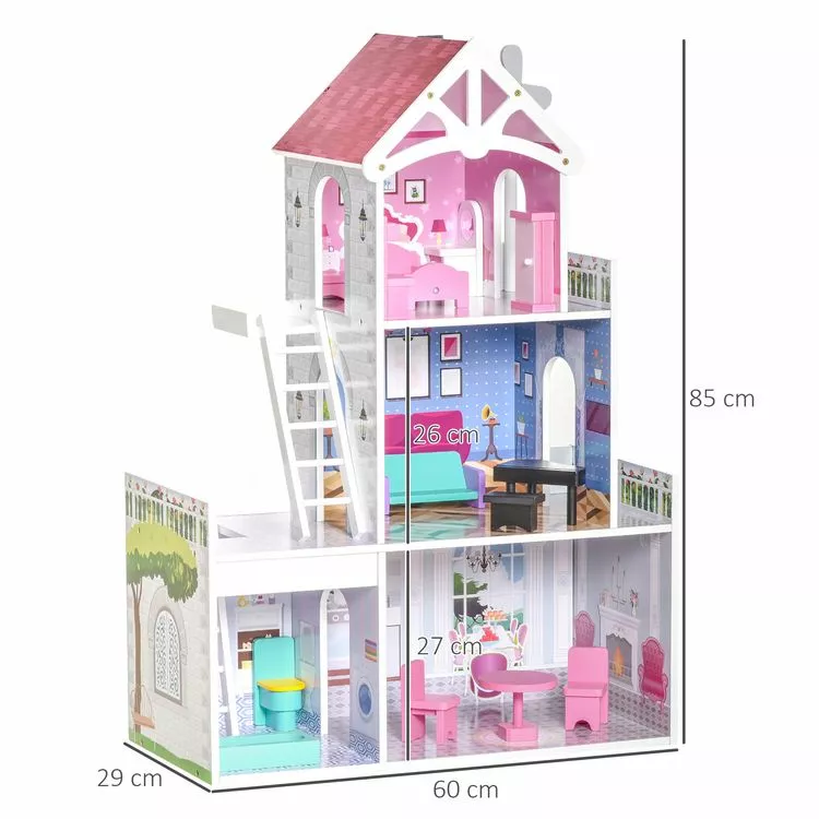 HOMCOM Maison De Poupée 3 étages Jeu D'imitation Grand Réalisme Multi-équipements MDF Rose – Image 3
