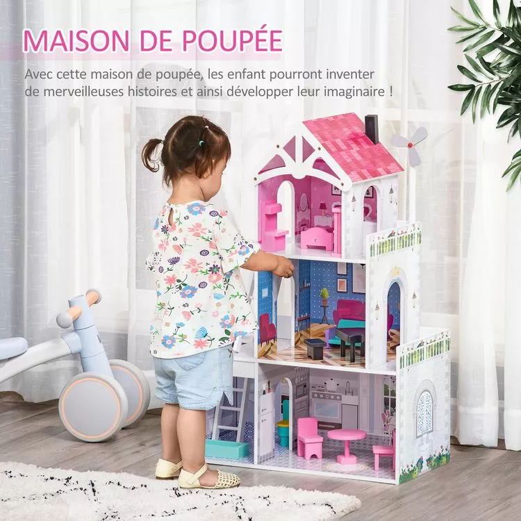 HOMCOM Maison De Poupée 3 étages Jeu D'imitation Grand Réalisme Multi-équipements MDF Rose – Image 5