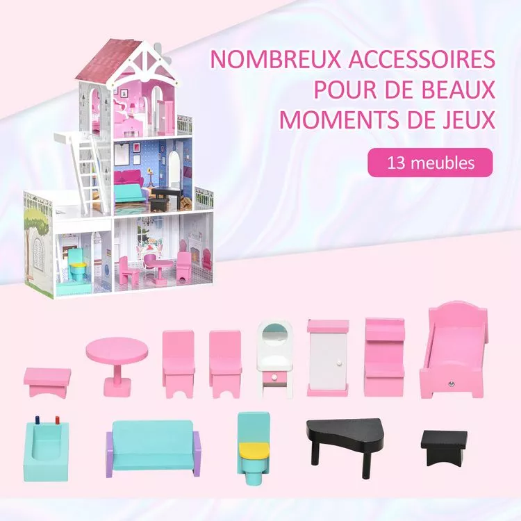 HOMCOM Maison De Poupée 3 étages Jeu D'imitation Grand Réalisme Multi-équipements MDF Rose – Image 6